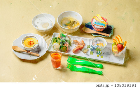 お子様ランチ、キッズメニュー｜水彩画 108039391