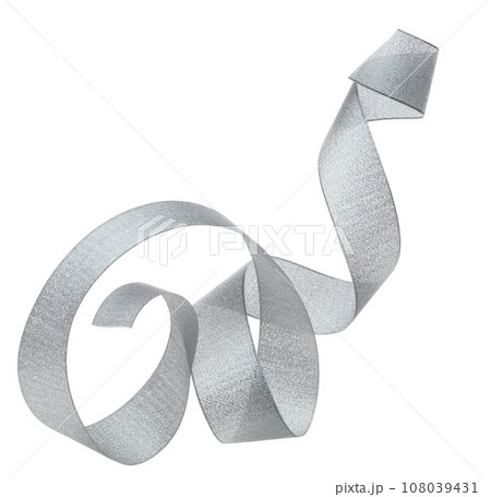 Gray ribbon long straight fly in air with curve roll shiny. Gray ribbon for present gift birthday party to wrap around decorate and make of textile cloth long straight. White background isolated 108039431