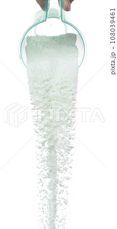 Detergent Powder splash fly in air. Detergent Powder pour from bowl lid cup. Detergent Powder blue soap explosion throw fluttering. White background isolated high speed shutter freeze motion Detergent Powder splash fly in air. Detergent Powder pour from bowl lid cup. Detergent Powder blue soap explosion throw fluttering. White background isolated high speed shutter freeze motion 108039461