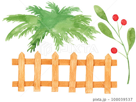 Watercolor painting of green plants and wooden fence. 108039537