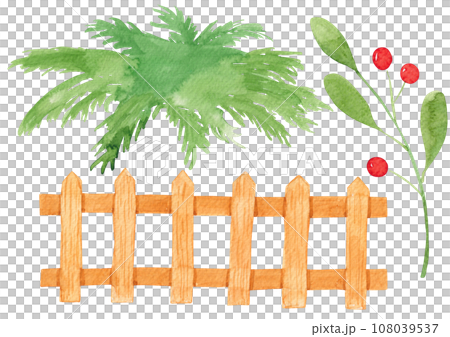 Watercolor painting of green plants and wooden fence. 108039537