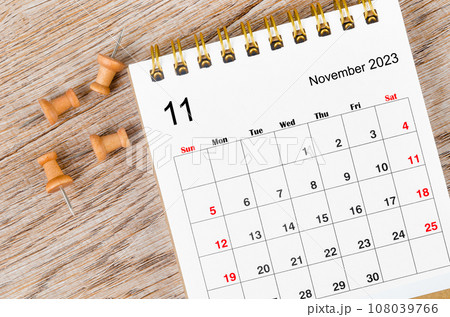 The November 2023 Monthly desk calendar for 2023 year with pin. 108039766
