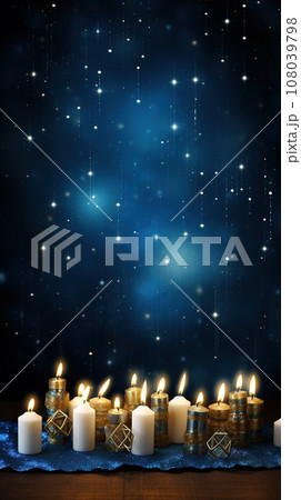 Festive Hanukkah background with traditional Hanukkah menorah, candles, dreidels, and copy space for your text. Perfect for Hanukkah greeting cards, invitations, and other holiday designs. 108039798
