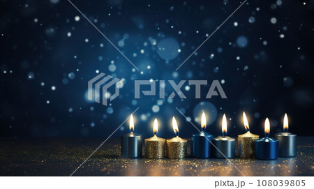 Festive Hanukkah background with traditional Hanukkah menorah, candles, dreidels, and copy space for your text. Perfect for Hanukkah greeting cards, invitations, and other holiday designs. Festive Hanukkah background with traditional Hanukkah menorah, candles, dreidels, and copy space for your text. Perfect for Hanukkah greeting cards, invitations, and other holiday designs. 108039805