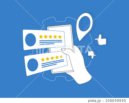 Local Business Reviews concept. Consumer Trusted Ratings with verified feedback, real local business reviews on mobile map app. Vector illustration isolated on blue background with icons Local Business Reviews concept. Consumer Trusted Ratings with verified feedback, real local business reviews on mobile map app. Vector illustration isolated on blue background with icons 108039930