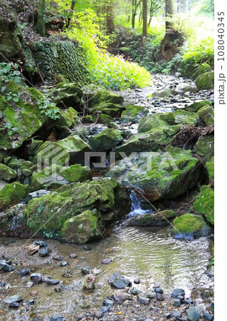ゆずの里毛呂山町の阿諏訪川上流の岩場と沢蟹の生息地の風景 ゆずの里毛呂山町の阿諏訪川上流の岩場と沢蟹の生息地の風景 108040345