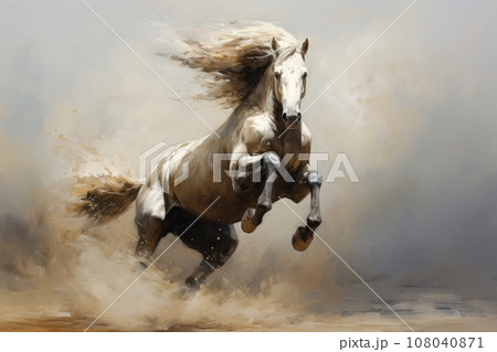 Watercolor horse painting, abstract drawing of a running paint splashed horse, Generative AI illustration 108040871