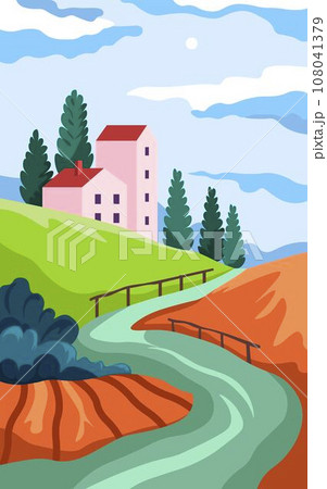 Scenery in rural area, village or town with river Scenery in rural area, village or town with river 108041379