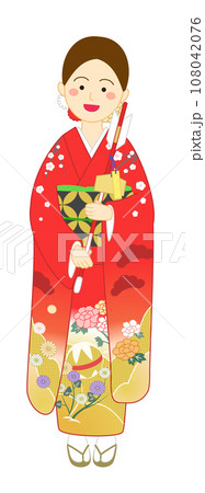 赤い振袖を着た破魔矢を持つ笑顔の女性 赤い振袖を着た破魔矢を持つ笑顔の女性 108042076