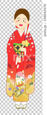 赤い振袖を着た破魔矢を持つ笑顔の女性 赤い振袖を着た破魔矢を持つ笑顔の女性 108042076