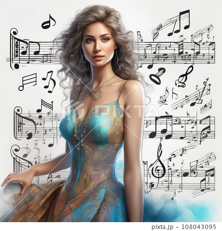 Pretty woman in dress with music key and notes 108043095