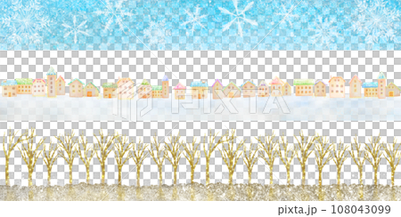 A material set of a winter sky with falling snowflakes, a cityscape illuminated with illuminations, and a tree-lined avenue illuminated. 108043099