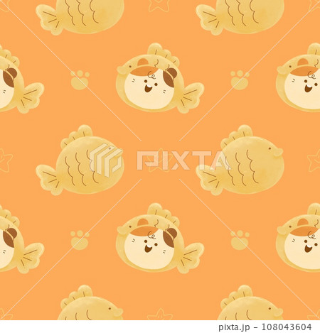 cute Watercolor illustration. Japanese fish-shaped pancakes Dessert with Taiyaki cat doodle seamless pattern print on t-shirt, dark background 108043604