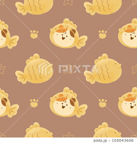 cute Watercolor illustration. Japanese fish-shaped pancakes Dessert with Taiyaki cat doodle seamless pattern print on t-shirt, dark background cute Watercolor illustration. Japanese fish-shaped pancakes Dessert with Taiyaki cat doodle seamless pattern print on t-shirt, dark background 108043606