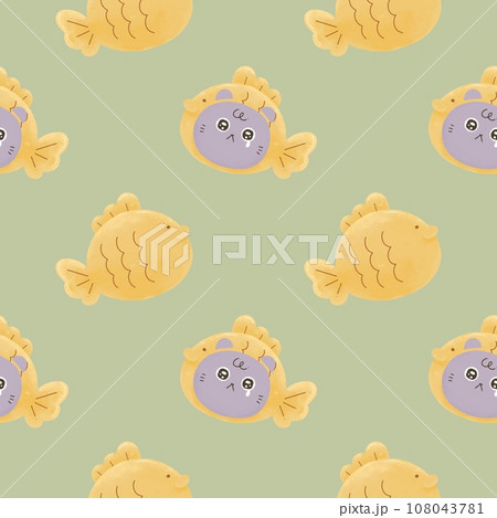 cute Watercolor illustration. Japanese fish-shaped pancakes Dessert with Taiyaki cat doodle seamless pattern print on t-shirt cute Watercolor illustration. Japanese fish-shaped pancakes Dessert with Taiyaki cat doodle seamless pattern print on t-shirt 108043781