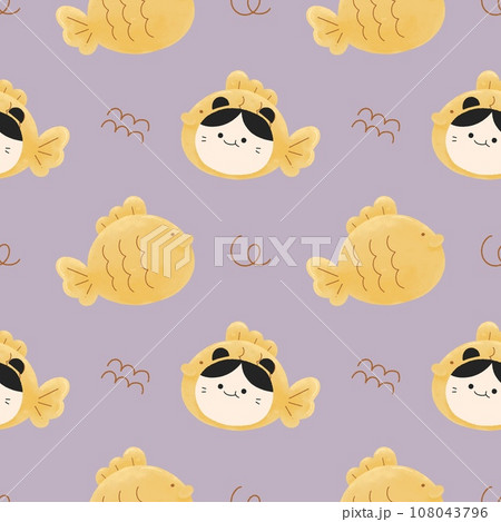 cute Watercolor illustration. Japanese fish-shaped pancakes Dessert with Taiyaki cat doodle seamless pattern print on t-shirt	 108043796