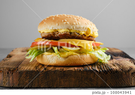 Beef cheeseburger with vegetables and cheesy sauce, front view Beef cheeseburger with vegetables and cheesy sauce, front view 108043941
