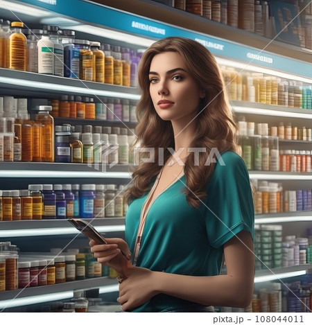 Woman is choosing a medication at the pharmacy 108044011