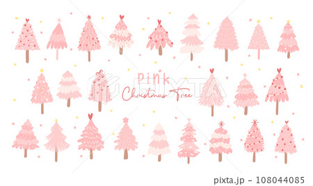 Festive Pink Christmas Tree Set. Cheerful Flat Design Collection 108044085