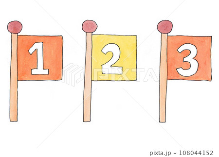 水性ペンと透明水彩絵の具で描いた黄色1.3と橙色2の旗のイラストセット 108044152