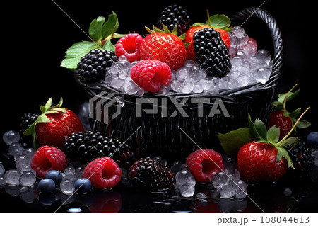 Basket Overflowing with Juicy and Ripe Mixed Berries - Fresh Harvest Delight Basket Overflowing with Juicy and Ripe Mixed Berries - Fresh Harvest Delight 108044613