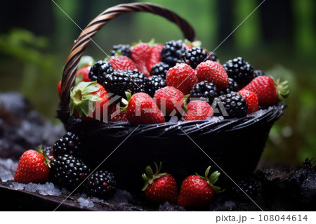 Basket Overflowing with Juicy and Ripe Mixed Berries - Fresh Harvest Delight Basket Overflowing with Juicy and Ripe Mixed Berries - Fresh Harvest Delight 108044614