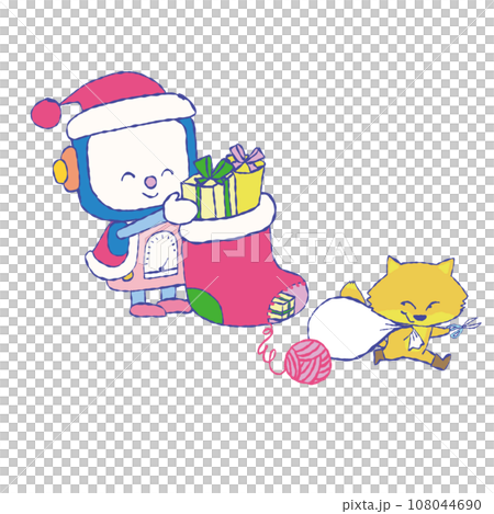 青いロボットがサンタになってプレゼントを運ぶイラスト 108044690