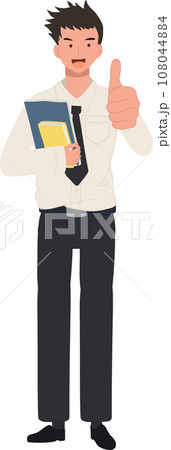 Thai University Student in Uniform is holding books and Showing Thumbs Up. Positive Gesture 108044884