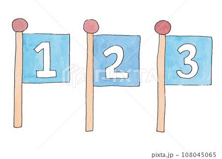 水性ペンと透明水彩絵の具で描いた白字水色1.3と青色2の旗のイラストセット 108045065