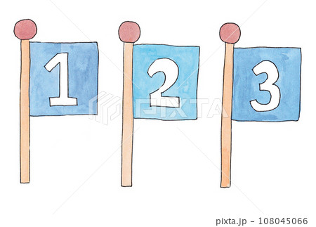 水性ペンと透明水彩絵の具で描い白字青色1.3と水色2の旗のイラストセット 108045066