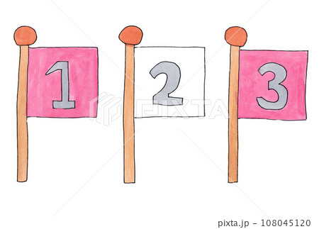 水性ペンと透明水彩絵の具で描い灰色字紅色1.3と白色2の旗のイラストセット 108045120