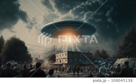 A group of people watch as a flying saucer descends from the sky. Generative Ai A group of people watch as a flying saucer descends from the sky. Generative Ai 108045138