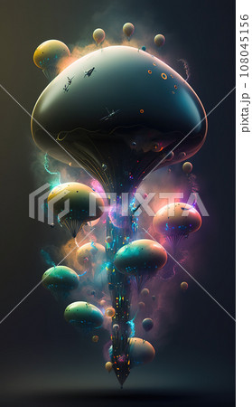 A group of glossy UFO-shaped balloons floating in the air. Generative Ai. 108045156