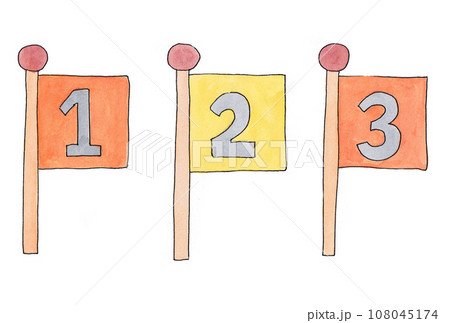 水性ペンと透明水彩絵の具で描い灰色字橙色1.3と黄色2の旗のイラストセット 108045174