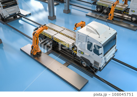 Automation automobile factory with robot assembly line produce electric truck 108045751