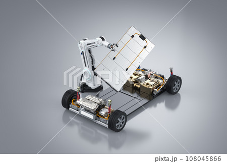 Automation automobile factory concept with 3d rendering robot assembly line with electric car battery cells module on platform 108045866