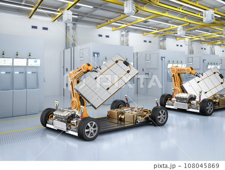 Automation automobile factory concept with 3d rendering robot assembly line with electric car battery cells module on platform 108045869