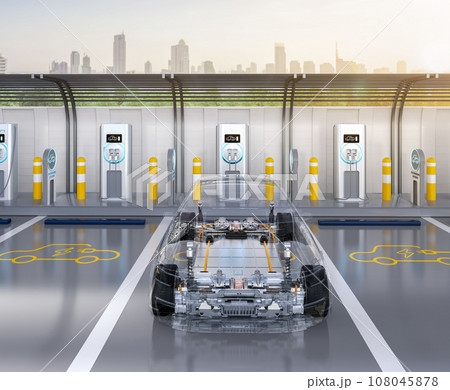 Transparent ev car or electric vehicle plug in with recharging station Transparent ev car or electric vehicle plug in with recharging station 108045878