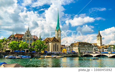 Zurich with Fraumunster Church at the Limmat River in Switzerland 108045892