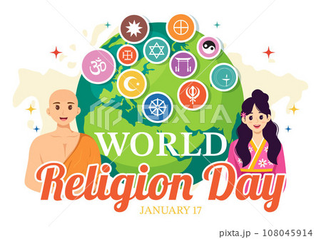 World Religion Day Vector Illustration on 17 January with Symbol Icons of Different Religions for Poster or Banner in Flat Cartoon Background World Religion Day Vector Illustration on 17 January with Symbol Icons of Different Religions for Poster or Banner in Flat Cartoon Background 108045914