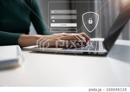 Businessman typing login and password in the concept of cyber security, information security, data protection, and encryption for secure access to user's personal information. Businessman typing login and password in the concept of cyber security, information security, data protection, and encryption for secure access to user's personal information. 108046138