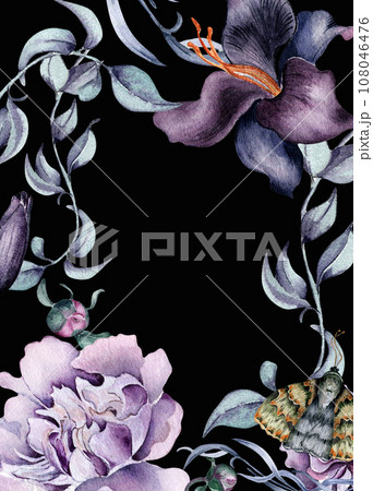 Watercolor frame of purple pink lily flowers isolated on black. Gothic floral botanical foliage Illustration hand drawn. Gothic Wedding Decoration in vintage style. Element for invitation, package Watercolor frame of purple pink lily flowers isolated on black. Gothic floral botanical foliage Illustration hand drawn. Gothic Wedding Decoration in vintage style. Element for invitation, package 108046476