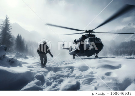 Soldiers conducting a rescue mission in challenging winter conditions, highlighting bravery and commitment. Generative AI 108046935