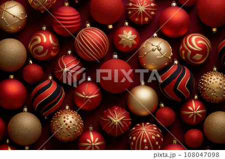 A elegant red and gold Christmas ornaments arranged in a visually pleasing pattern, adding a touch of sophistication and warmth to web banners background. Generative AI 108047098