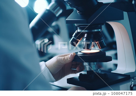 Scientist using microscope for research test in high tech medical laboratory. Generative AI Scientist using microscope for research test in high tech medical laboratory. Generative AI 108047175