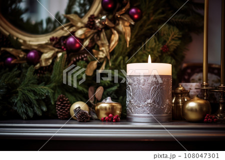 A close-up of the mantelpiece, featuring an array of Christmas decorations, such as candles, figurines, and a stunning wreath. Generative Ai 108047301