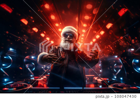 A stylish Santa Claus dancing with the crowd in a discotheque with mirrored walls and a festive backdrop. Generative Ai 108047430