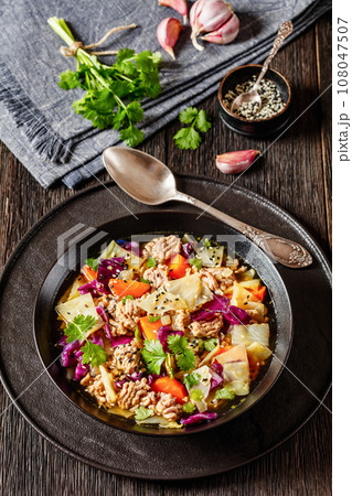 egg roll cabbage soup in bowl, top view 108047507