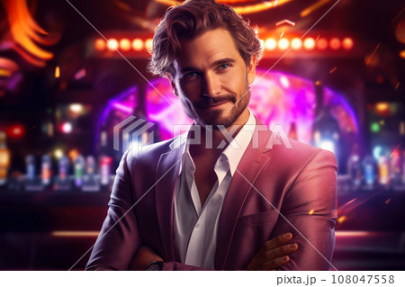 A Christmas party discoteque attendee wearing a stylish suit leaning against a neon-lit bar counter. A Christmas party discoteque attendee wearing a stylish suit leaning against a neon-lit bar counter. 108047558
