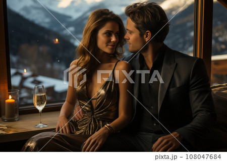 A glamorous Christmas lifestyle of a couple enjoying champagne in a winter chalet, signifying luxury and indulgence. Generative Ai 108047684